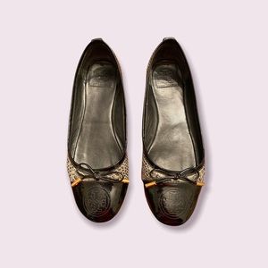 Tory Burch snakeskin patent leather cap toe flats